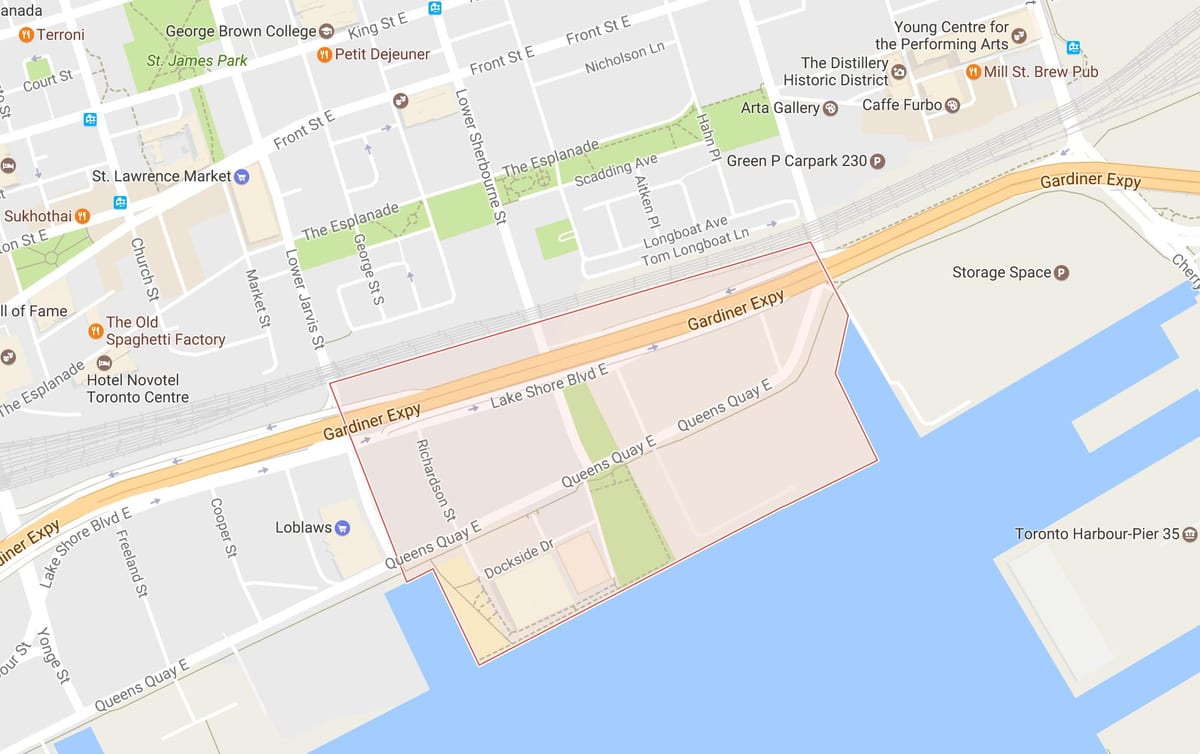 რუკა აღმოსავლეთ Bayfront სამეზობლო ტორონტოში