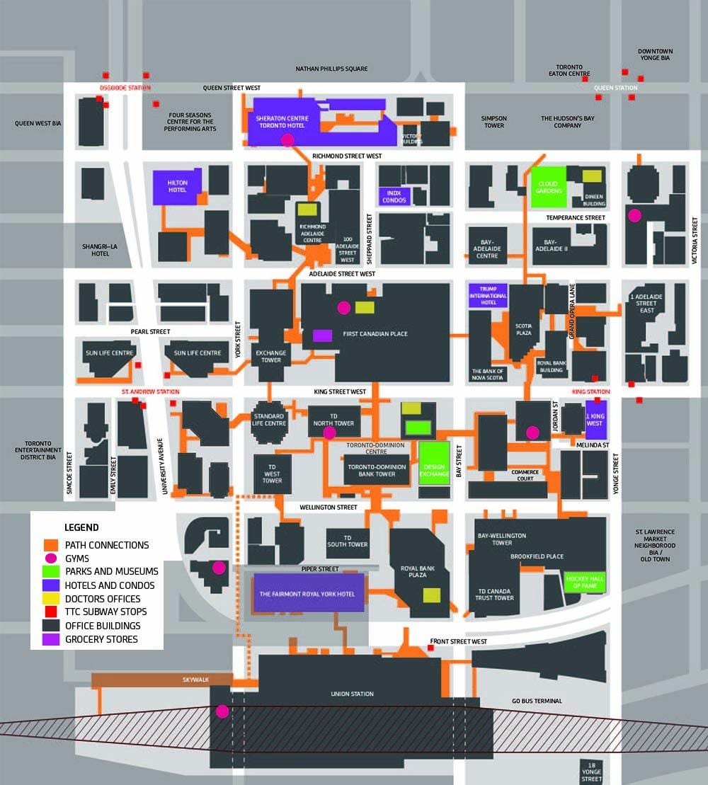 რუკა გზა Toronto-ს ცენტრში საცალფეხო Walkway