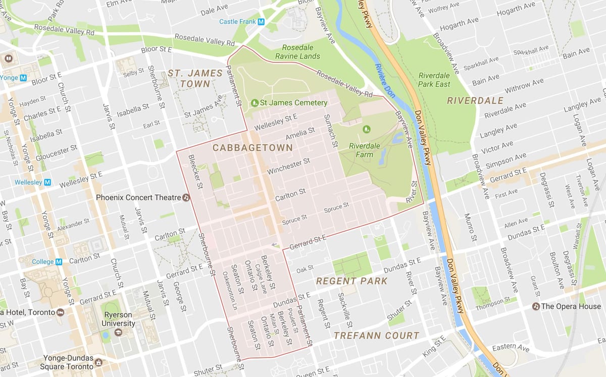 რუკა Cabbagetown სამეზობლო ტორონტოში