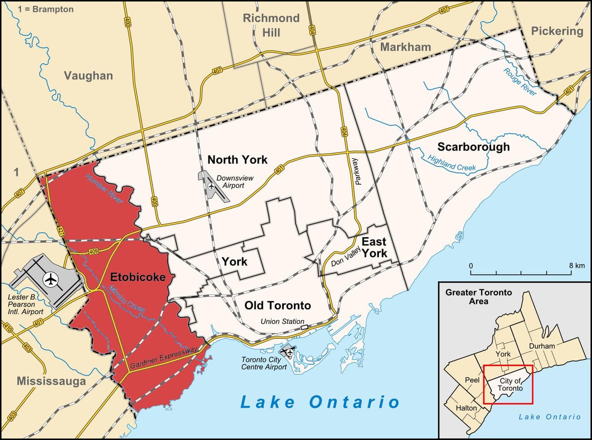 რუკა Etobicoke რაიონის ტორონტოში