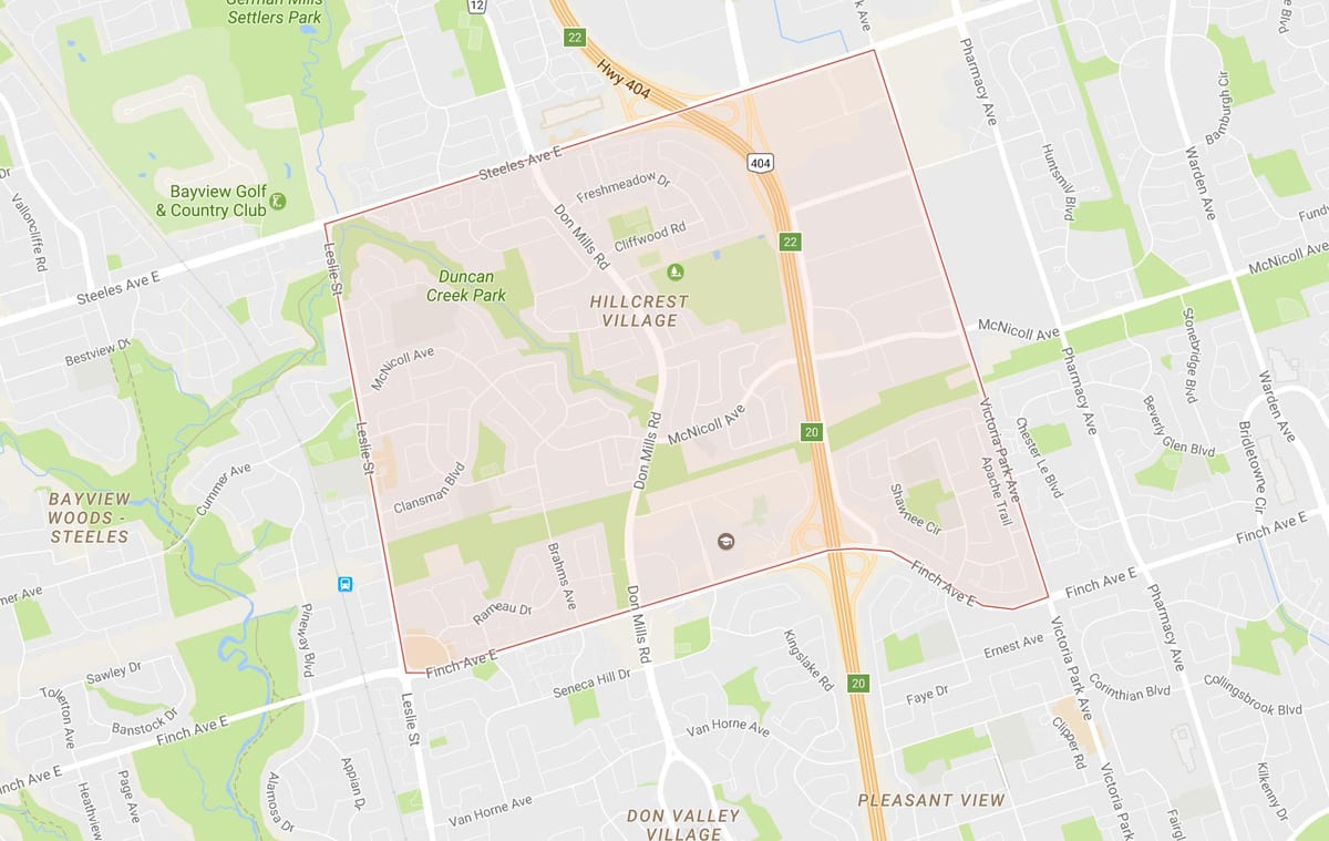 რუკა Hillcrest სოფელ სამეზობლო ტორონტოში