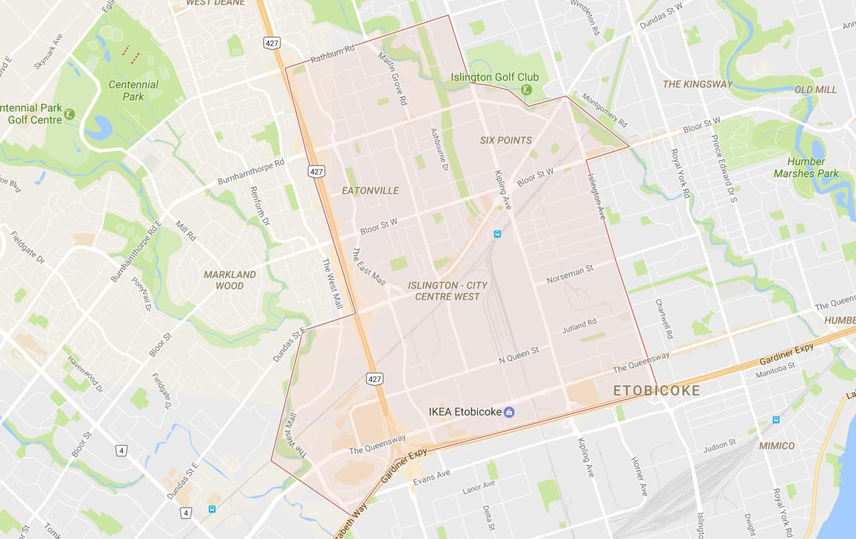 რუკა Islington-ქალაქის ცენტრში, დასავლეთის სამეზობლო ტორონტოში
