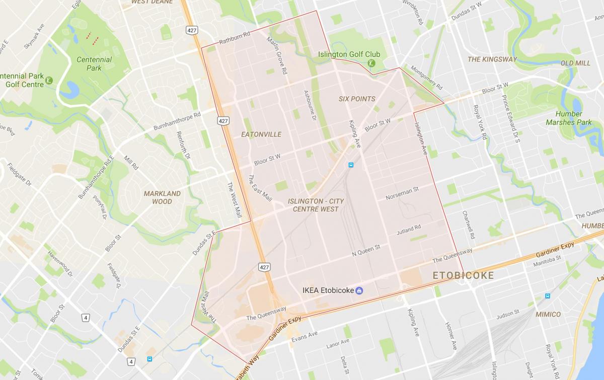 რუკა Islington-ქალაქის ცენტრში, დასავლეთის სამეზობლო ტორონტოში