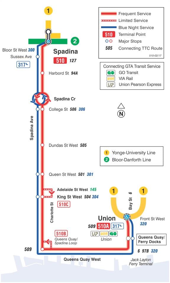 რუკა streetcar line 510 Spadina
