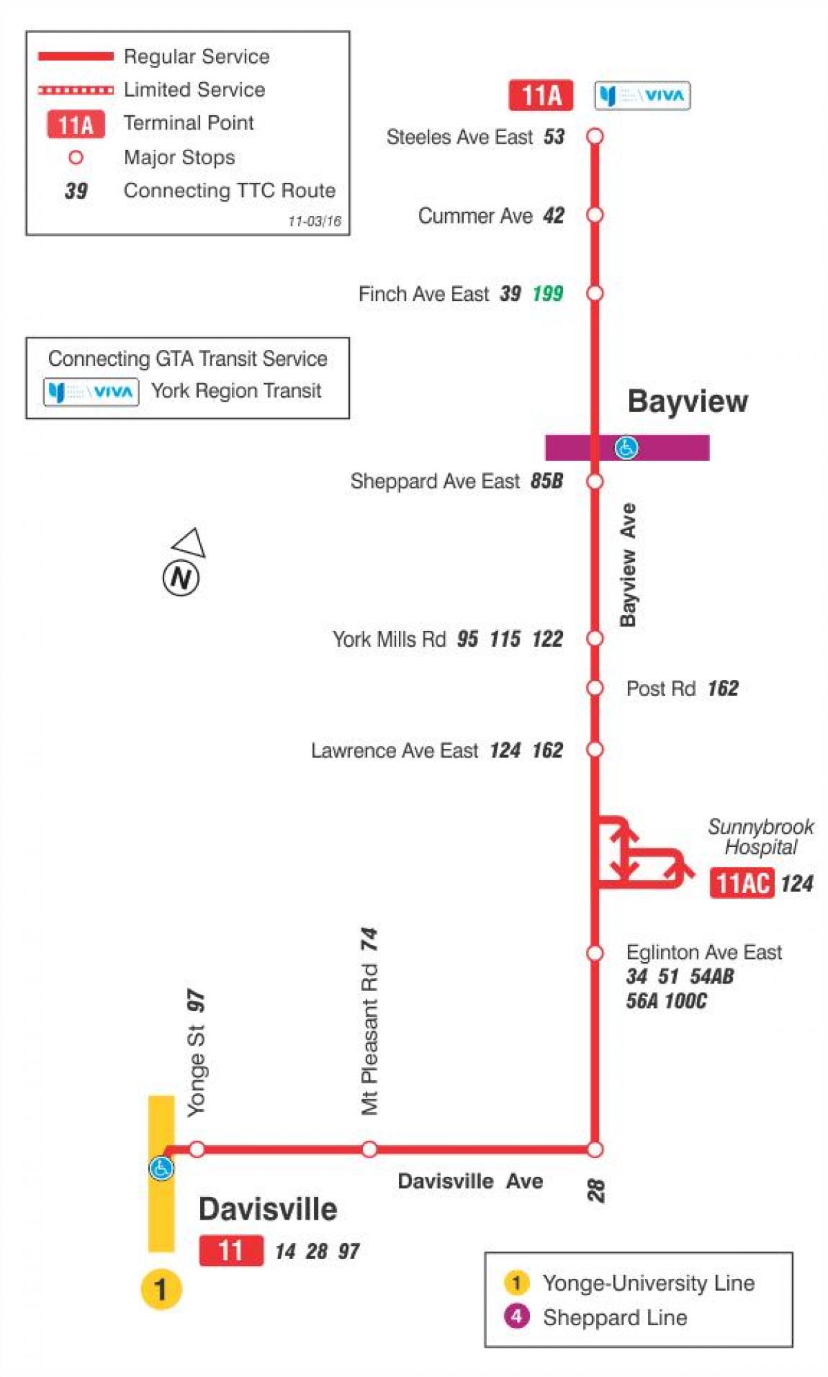 რუკა TTC 11 Bayview ავტობუსის მარშრუტი ტორონტოში