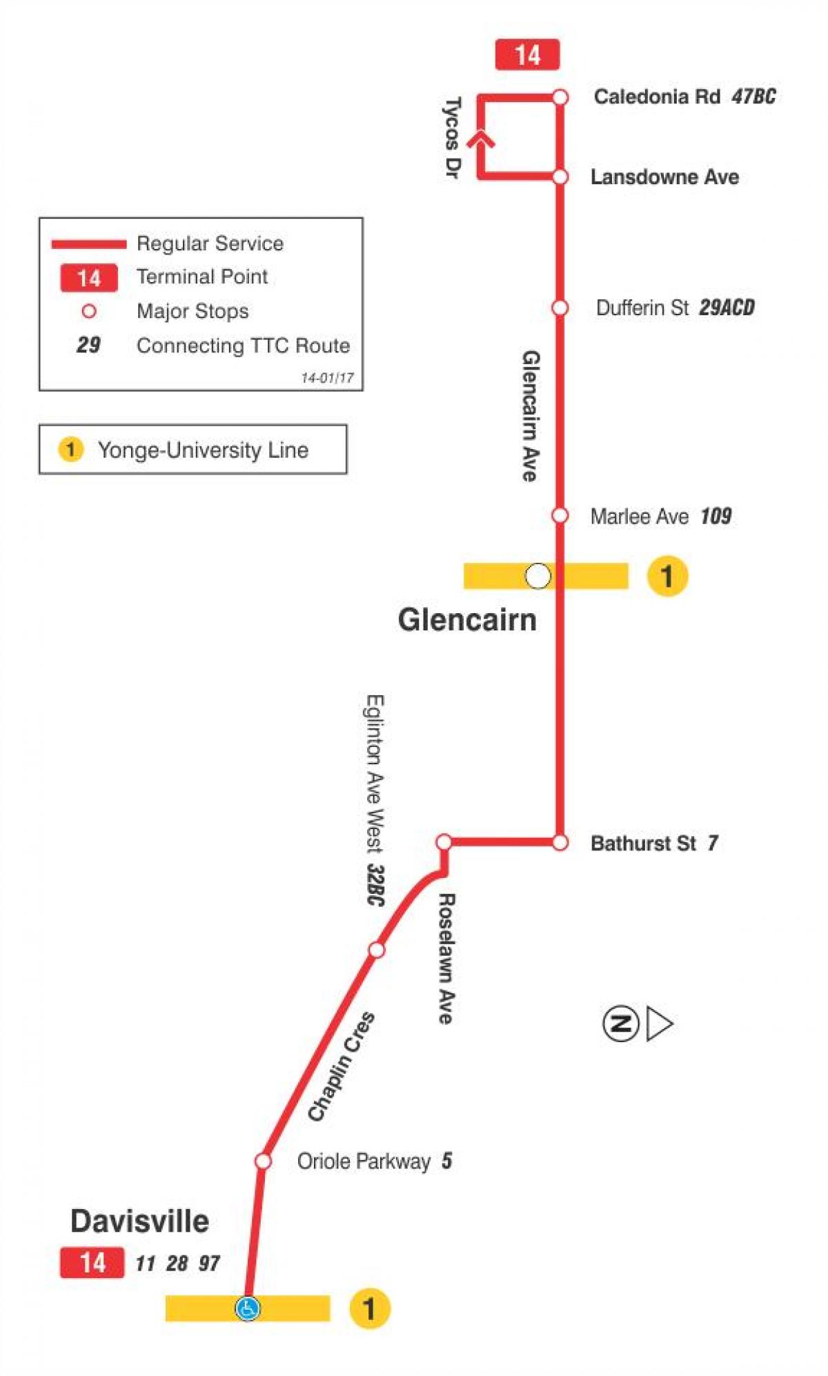რუკა TTC 14 Glencairn ავტობუსის მარშრუტი ტორონტოში