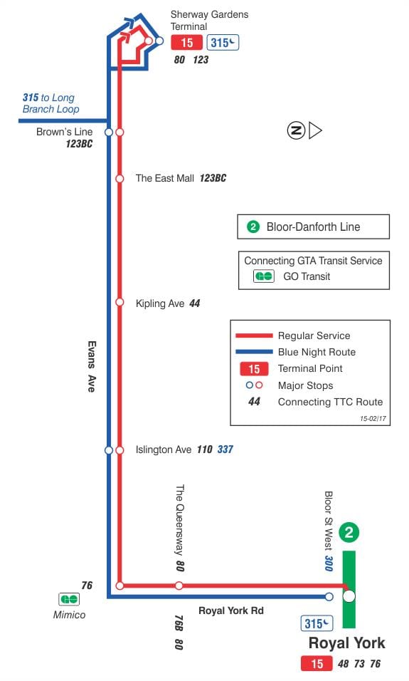 რუკა TTC 15 ევანსი ავტობუსის მარშრუტი ტორონტოში