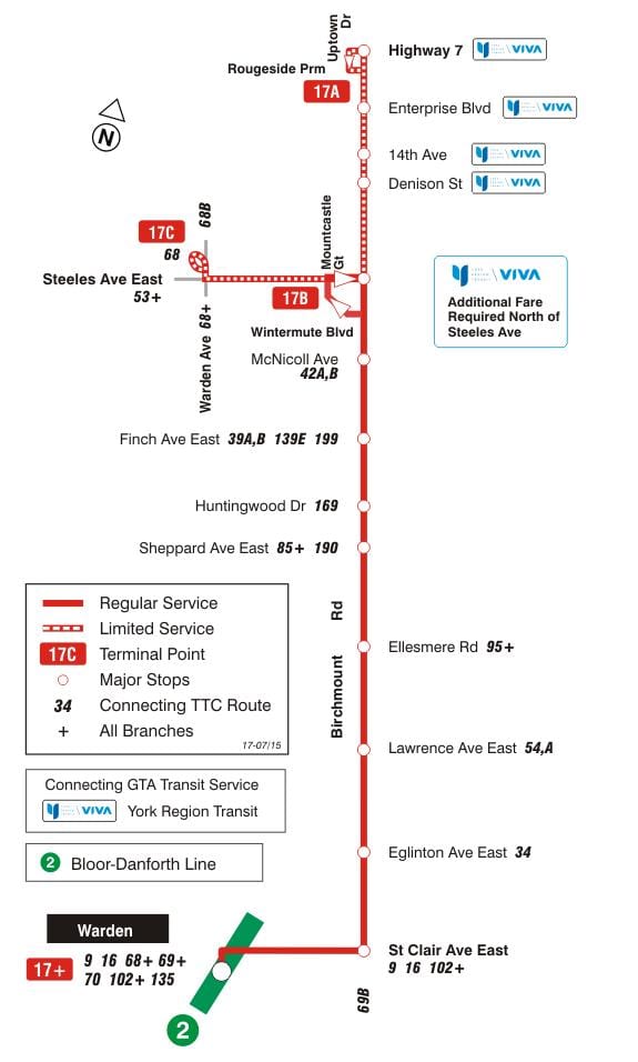 რუკა TTC 17 Birchmount ავტობუსის მარშრუტი ტორონტოში