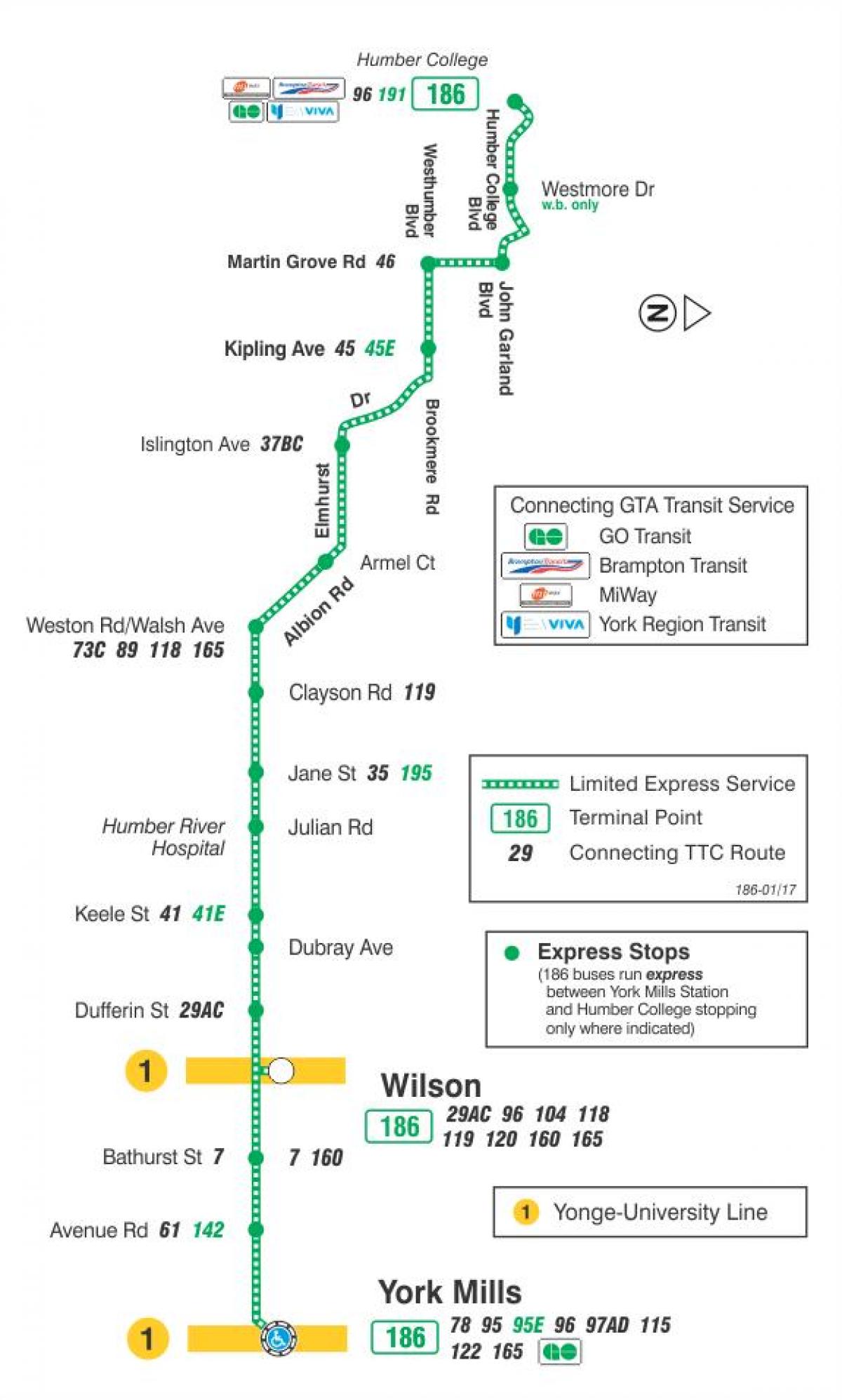 რუკა TTC 186 უილსონი სარაკეტო ავტობუსის მარშრუტი ტორონტოში