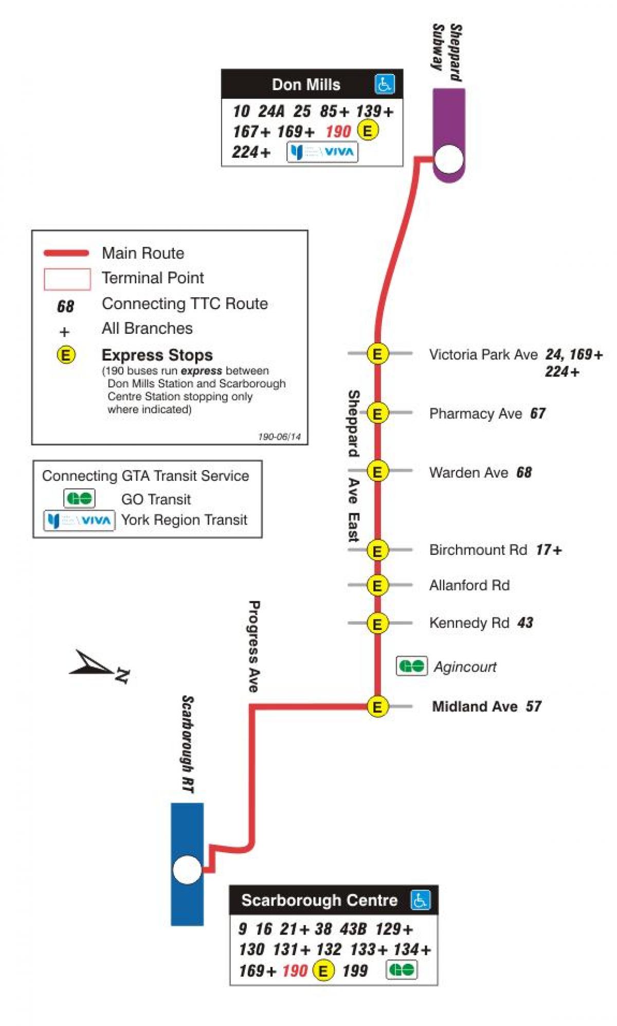 რუკა TTC 190 Scarborough ცენტრი სარაკეტო ავტობუსის მარშრუტი ტორონტოში