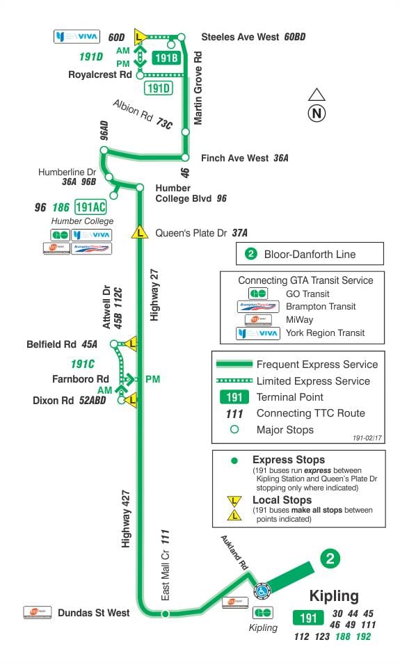 რუკა TTC 191 Highway 27 სარაკეტო ავტობუსის მარშრუტი ტორონტოში