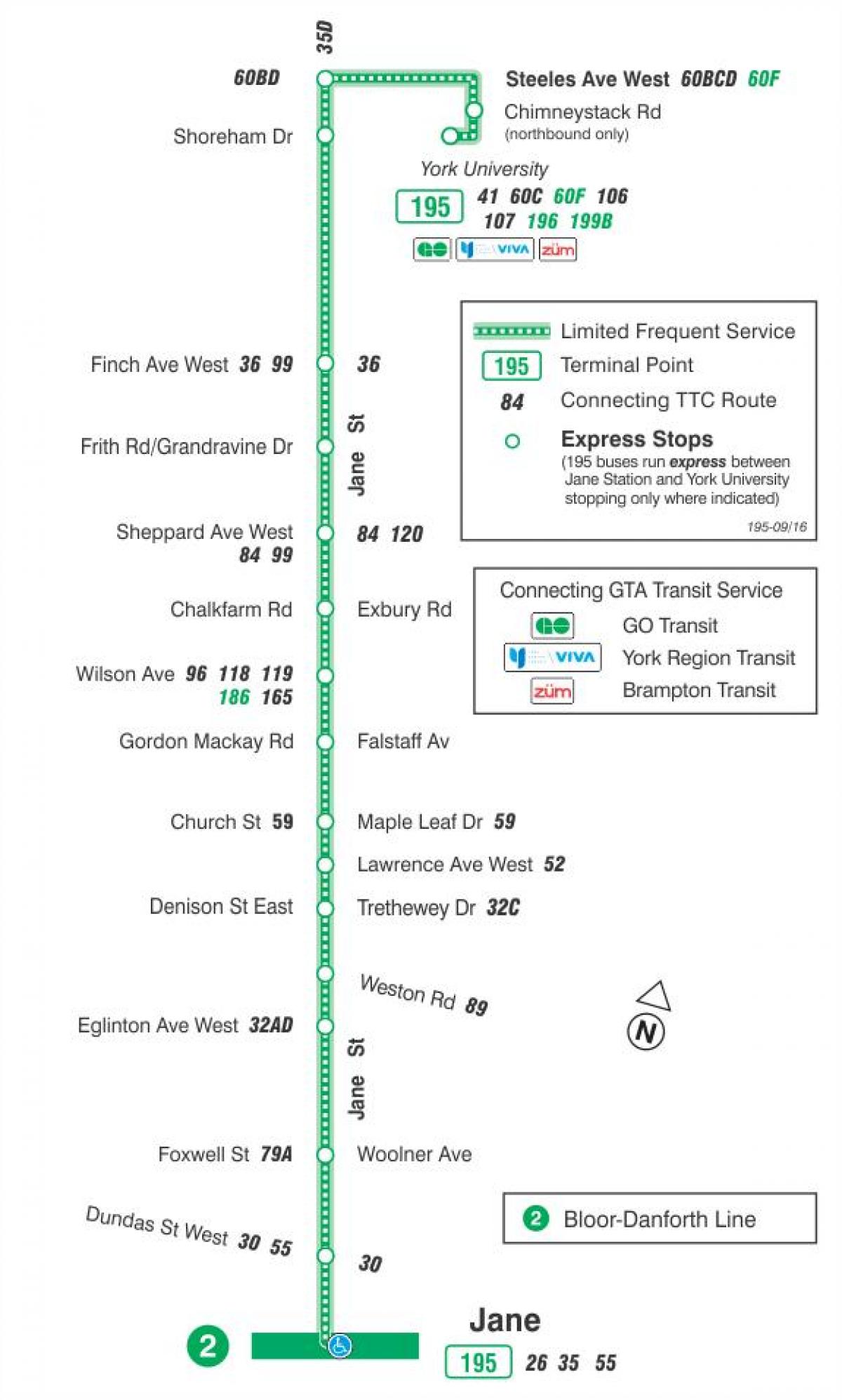 რუკა TTC 195 Jane სარაკეტო ავტობუსის მარშრუტი ტორონტოში