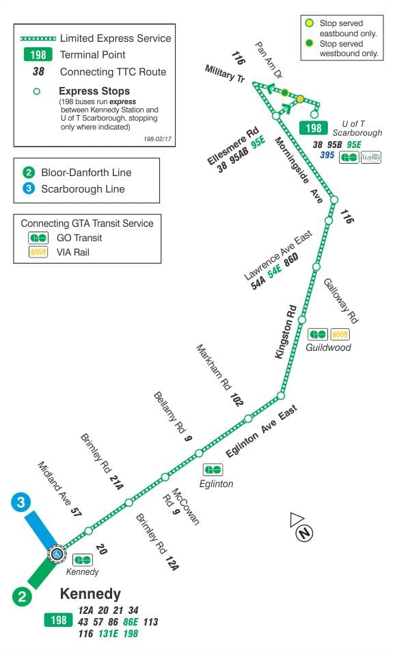 რუკა TTC 198 U T Scarborough სარაკეტო ავტობუსის მარშრუტი ტორონტოში