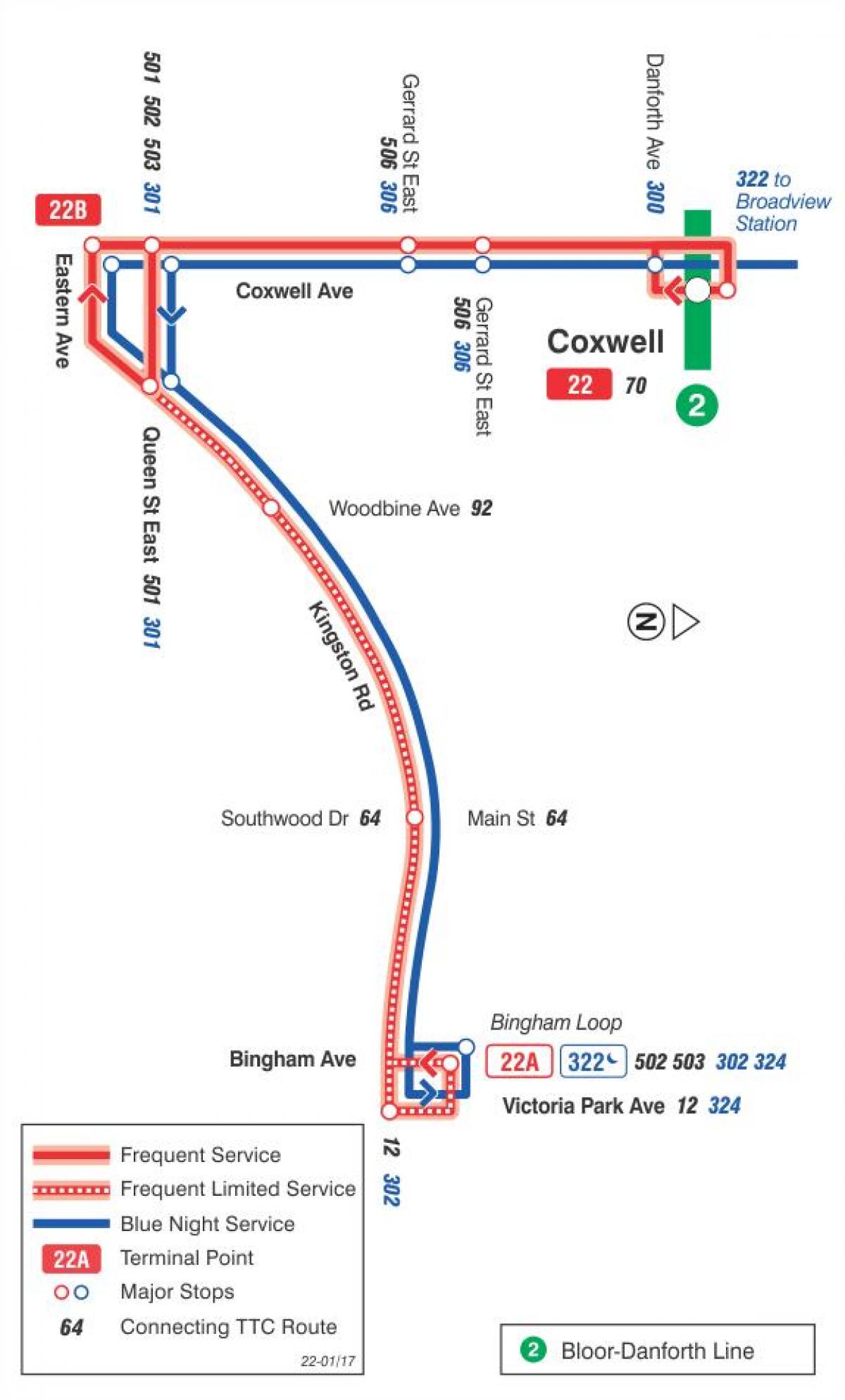 რუკა TTC 22 Coxwell ავტობუსის მარშრუტი ტორონტოში