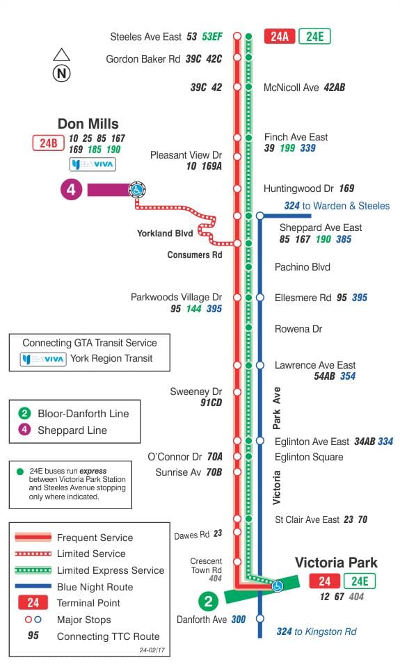 რუკა TTC 24 Victoria Park ავტობუსის მარშრუტი ტორონტოში