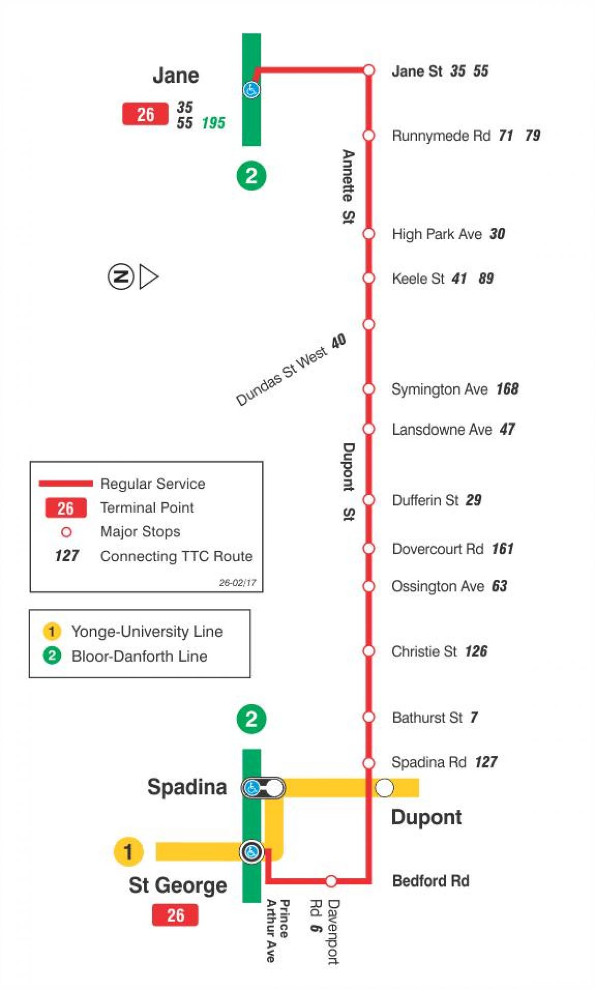 რუკა TTC 26 Dupont ავტობუსის მარშრუტი ტორონტოში