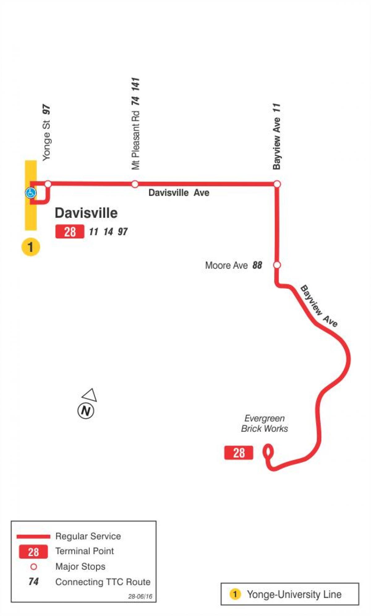 რუკა TTC 28 Bayview სამხრეთ ავტობუსის მარშრუტი ტორონტოში