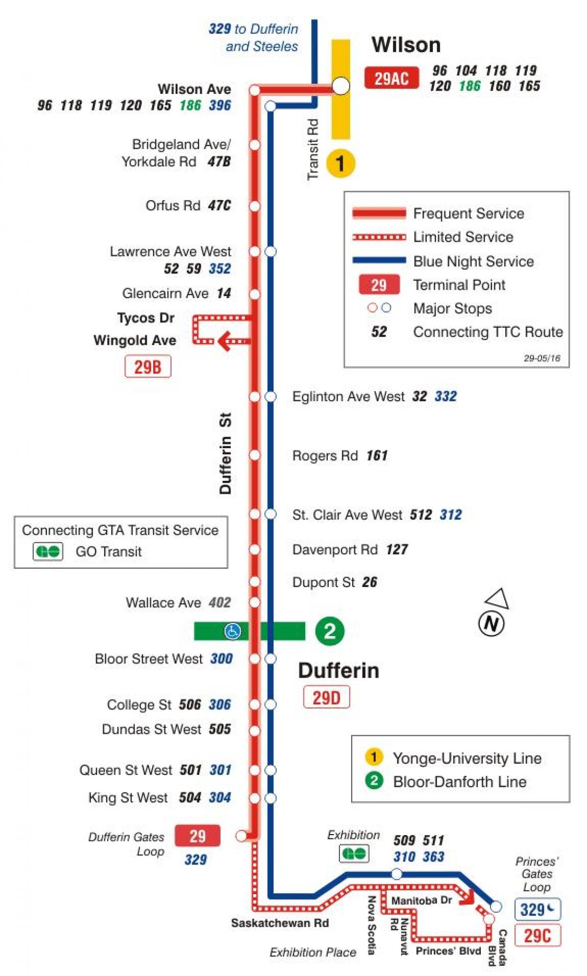 რუკა TTC 29 Dufferin ავტობუსის მარშრუტი ტორონტოში