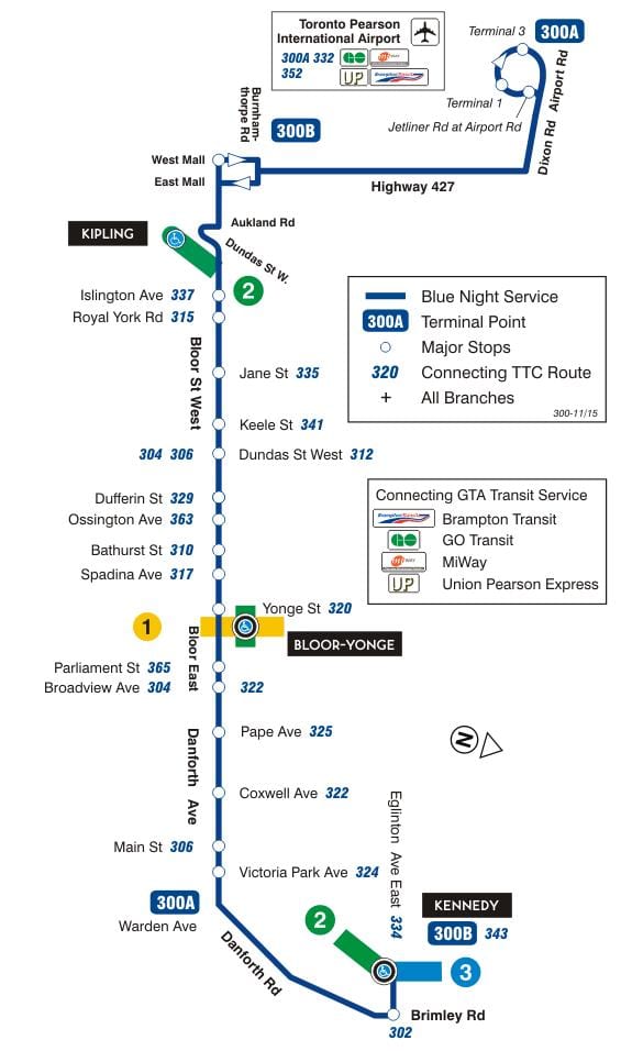 რუკა TTC 300A Bloor-Danforth ავტობუსის მარშრუტი ტორონტოში