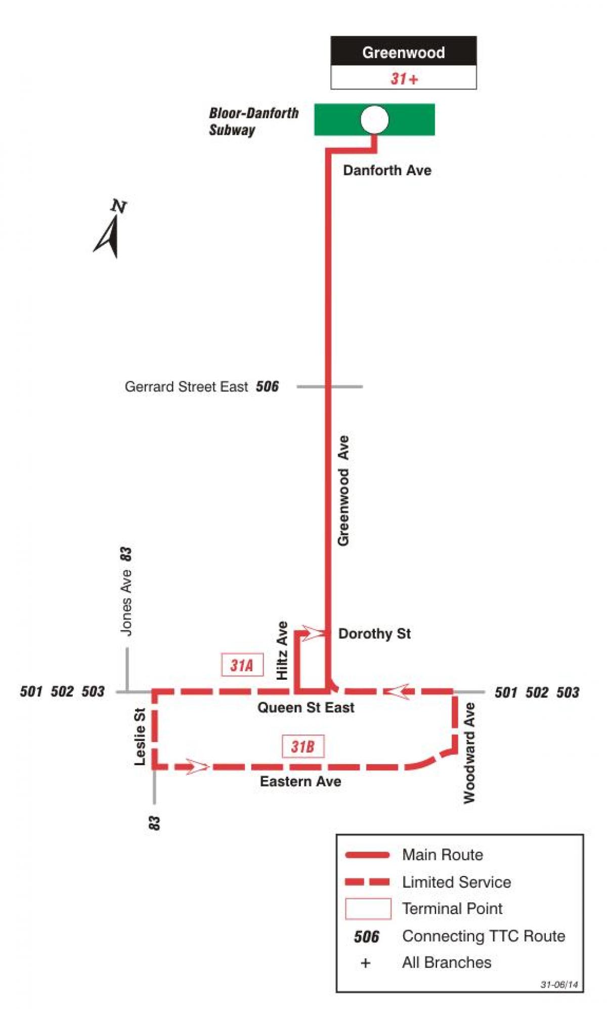 რუკა TTC 31 გრინვუდი ავტობუსის მარშრუტი ტორონტოში
