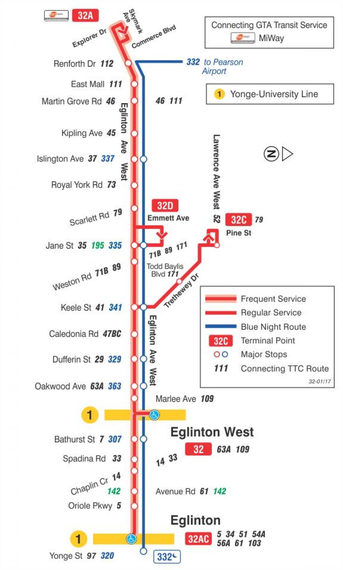 რუკა TTC 32 Eglinton დასავლეთის ავტობუსის მარშრუტი ტორონტოში