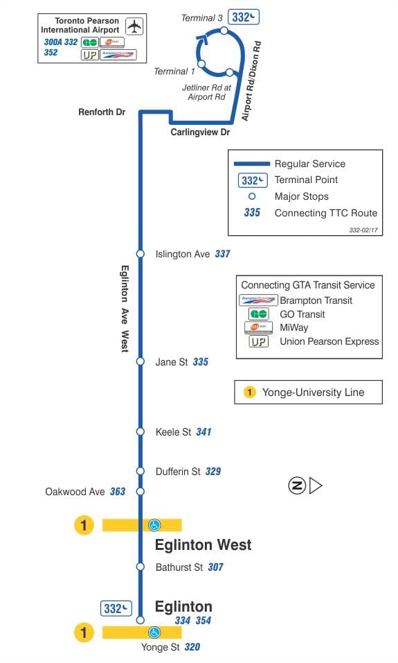 რუკა TTC 332 Eglinton დასავლეთის ავტობუსის მარშრუტი ტორონტოში