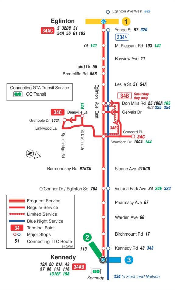 რუკა TTC 34 Eglinton აღმოსავლეთ ავტობუსის მარშრუტი ტორონტოში