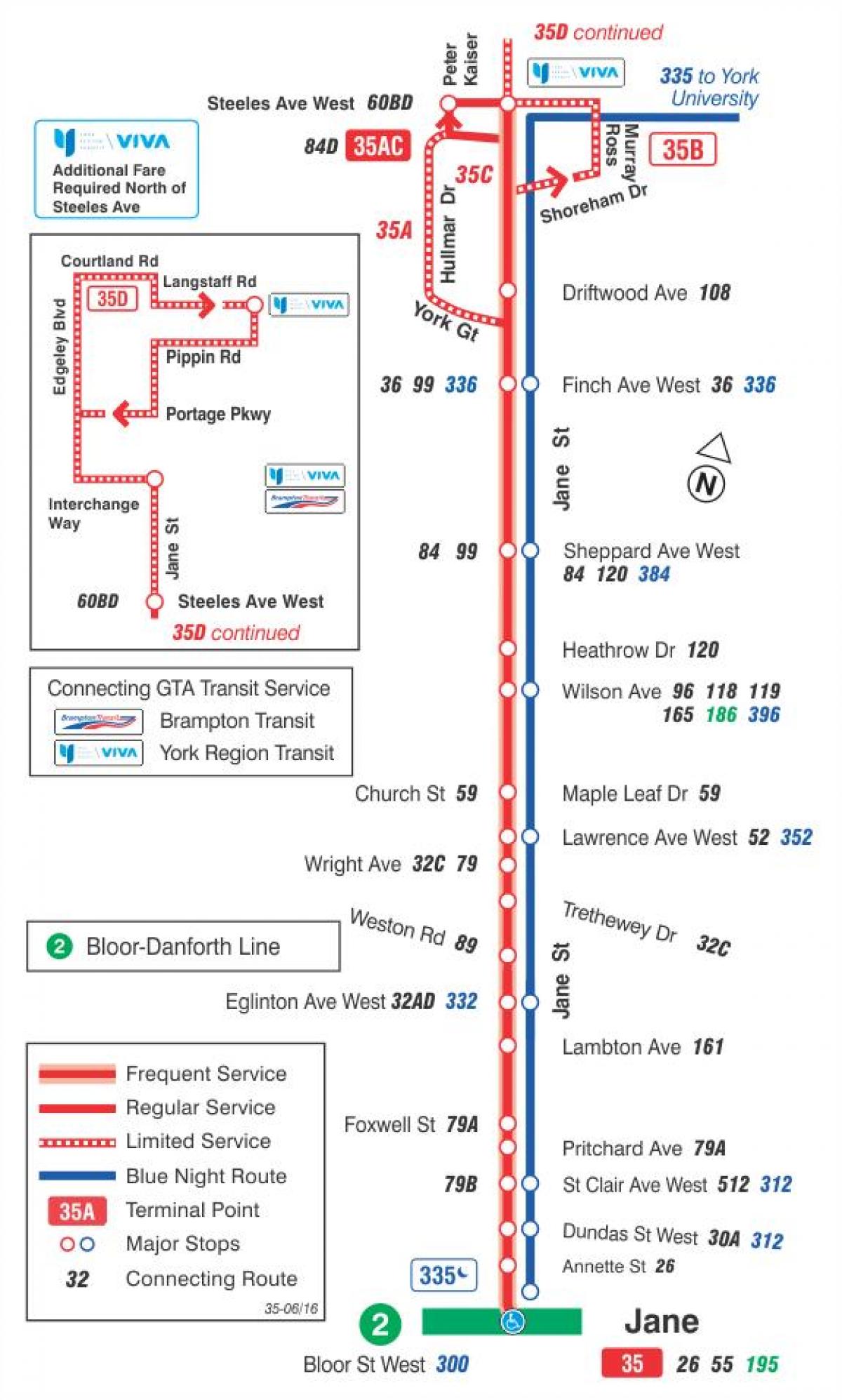 რუკა TTC 35 Jane ავტობუსის მარშრუტი ტორონტოში