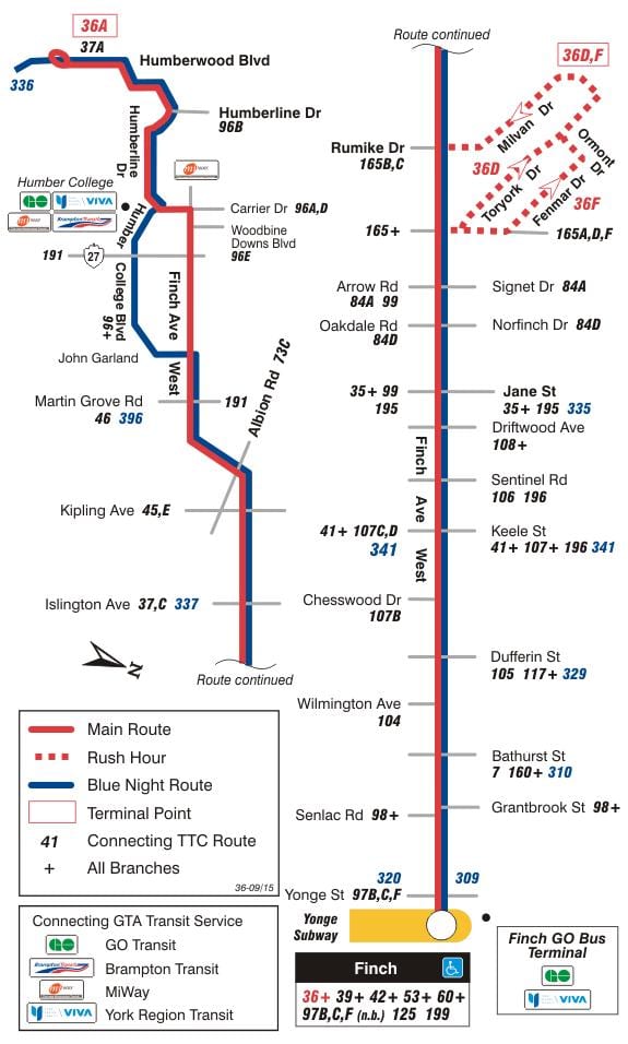 რუკა TTC 36 Finch დასავლეთის ავტობუსის მარშრუტი ტორონტოში