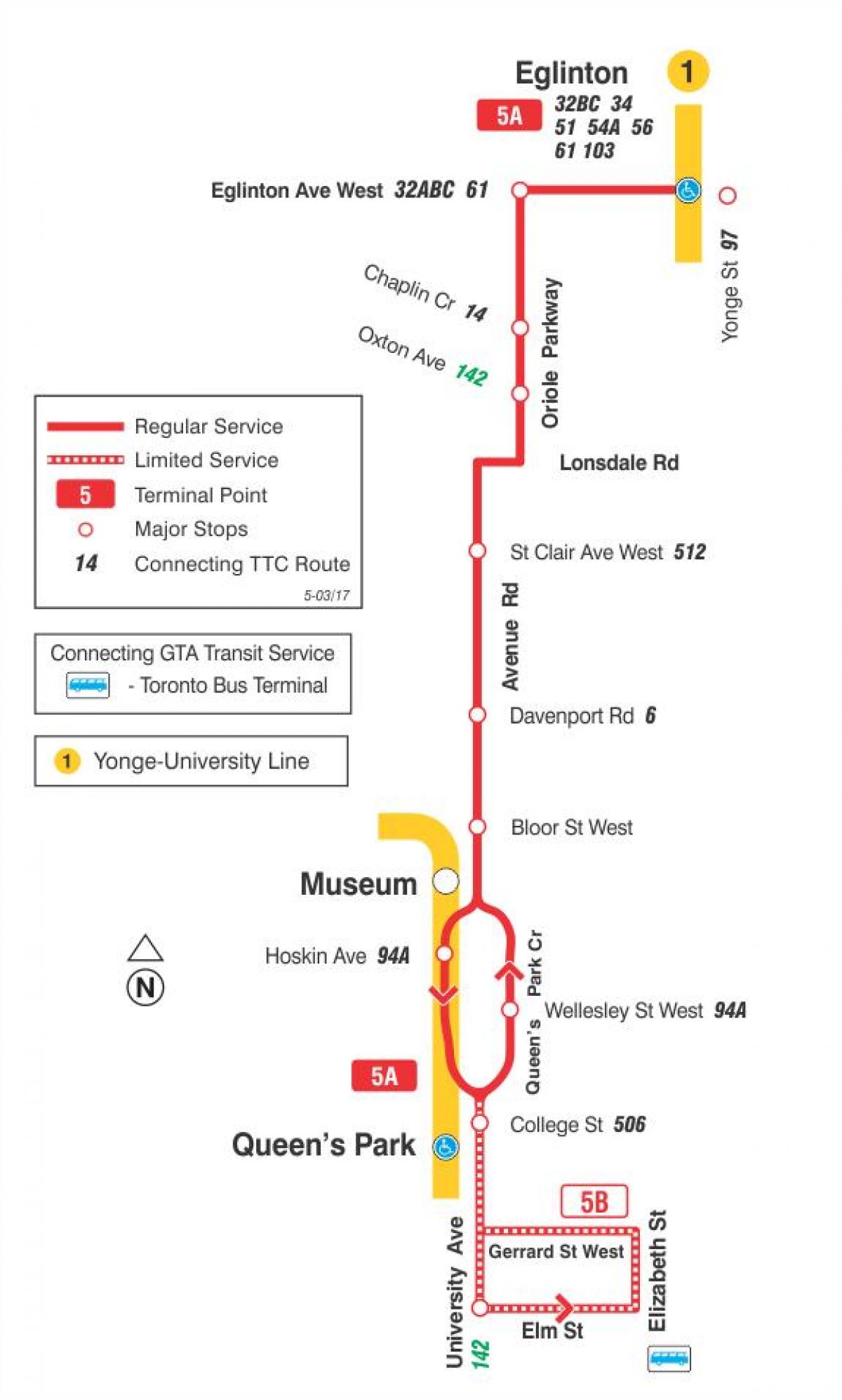 რუკა TTC 5 გამზირზე Rd ავტობუსის მარშრუტი ტორონტოში