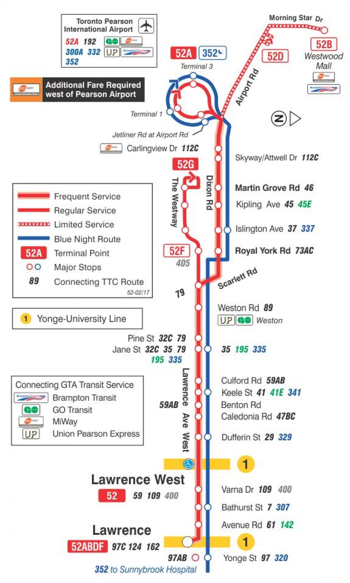 რუკა TTC 52 ლოურენს დასავლეთის ავტობუსის მარშრუტი ტორონტოში