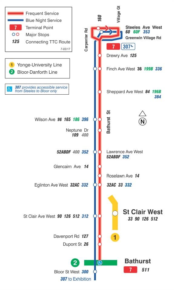 რუკა TTC 7 Bathurst ავტობუსის მარშრუტი ტორონტოში