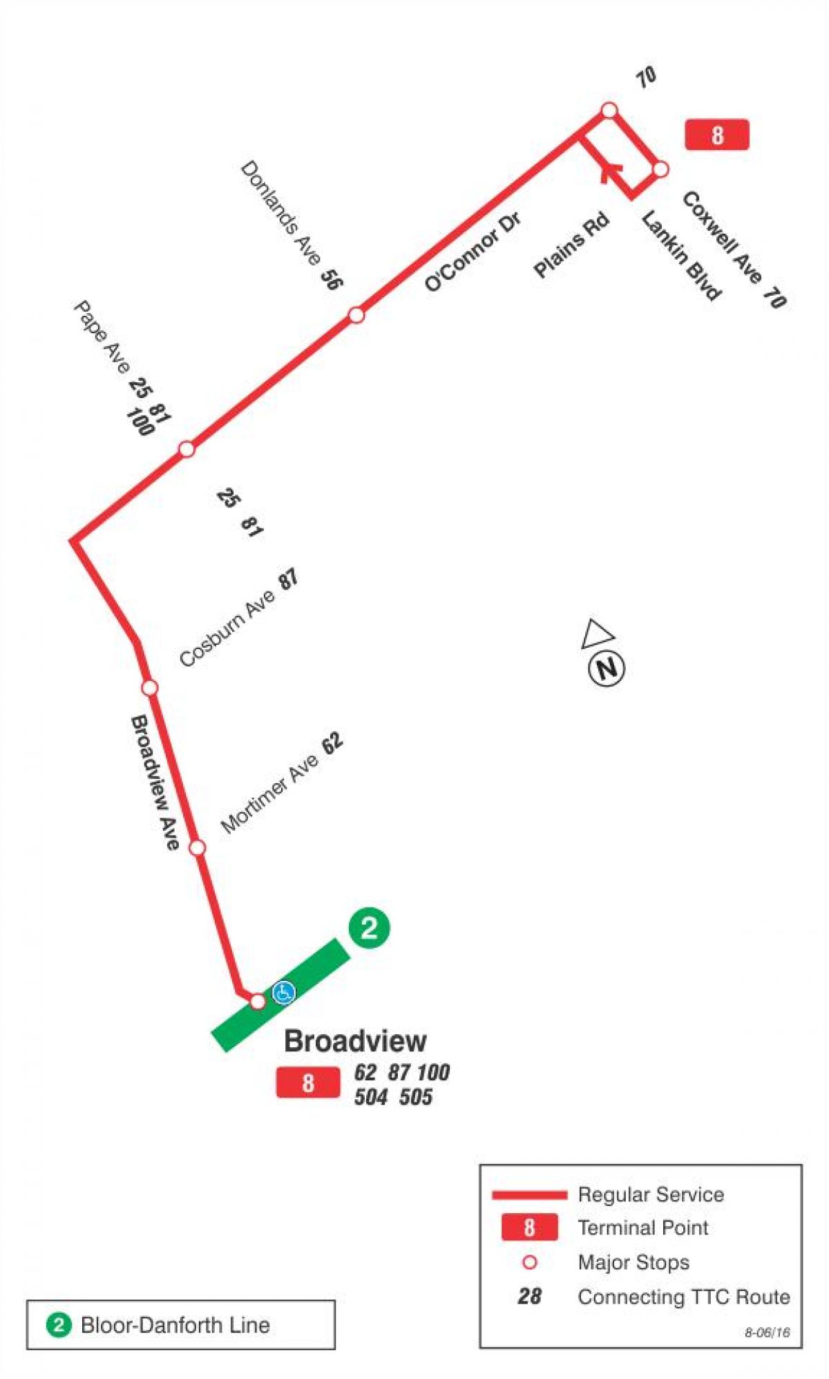 რუკა TTC 8 Broadview ავტობუსის მარშრუტი ტორონტოში