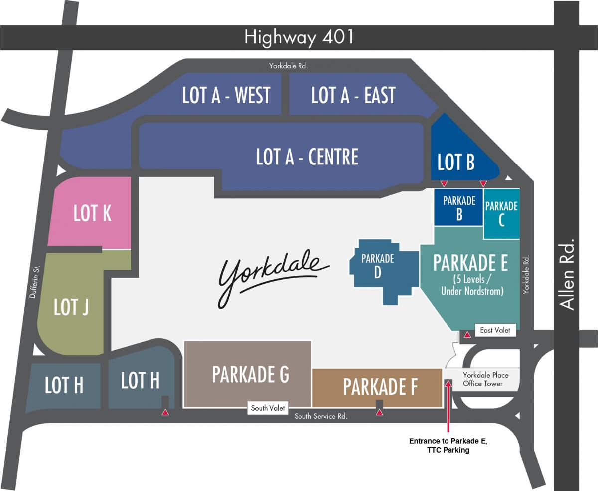 რუკა Yorkdale სავაჭრო ცენტრი პარკინგი