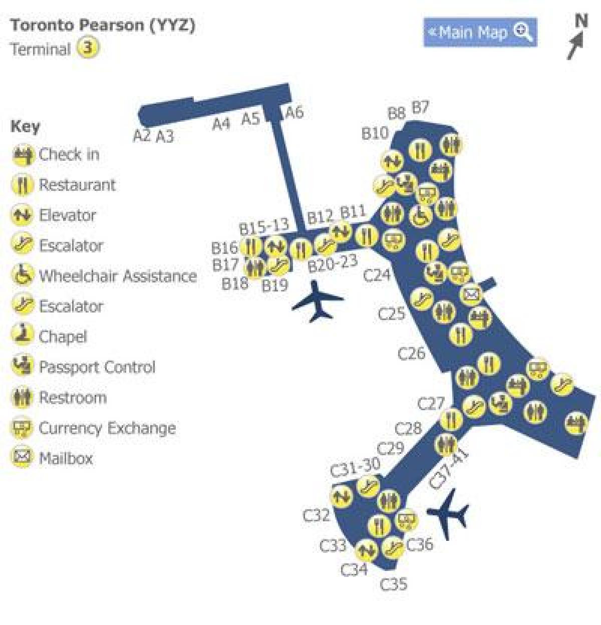 რუკა ტორონტოში Pearson აეროპორტის ტერმინალის 3