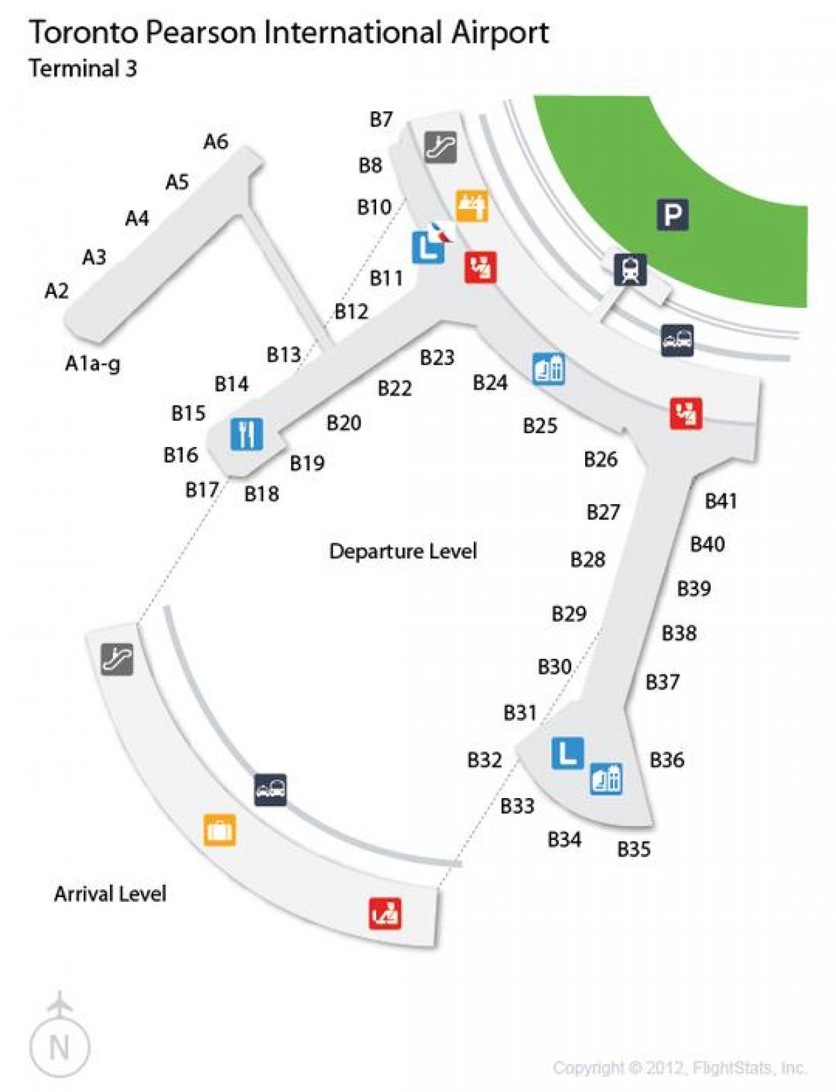 რუკა ტორონტოში Pearson აეროპორტში ჩამოსვლის დონეზე ტერმინალის 3