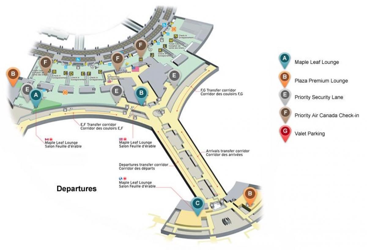 რუკა ტორონტოში Pearson საერთაშორისო აეროპორტში რეისების ტერმინალი