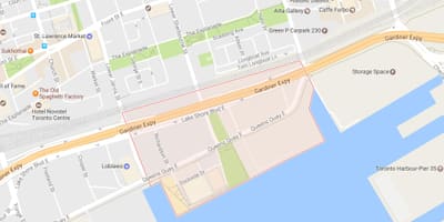 რუკა აღმოსავლეთ Bayfront სამეზობლო ტორონტოში