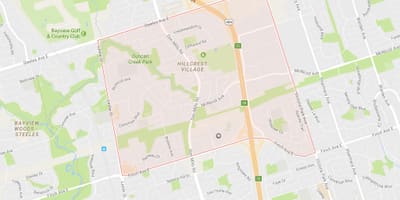 რუკა Hillcrest სოფელ სამეზობლო ტორონტოში