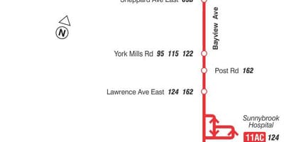 რუკა TTC 11 Bayview ავტობუსის მარშრუტი ტორონტოში