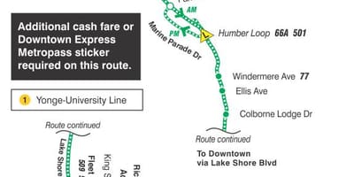 რუკა TTC 145 ცენტრში / Humber Bay Express ავტობუსის მარშრუტი ტორონტოში