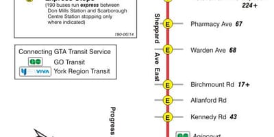 რუკა TTC 190 Scarborough ცენტრი სარაკეტო ავტობუსის მარშრუტი ტორონტოში