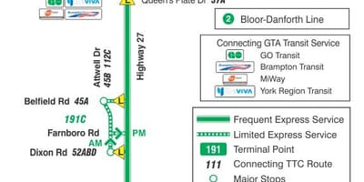 რუკა TTC 191 Highway 27 სარაკეტო ავტობუსის მარშრუტი ტორონტოში