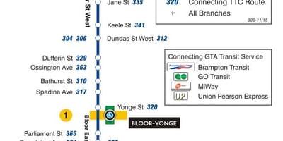 რუკა TTC 300A Bloor-Danforth ავტობუსის მარშრუტი ტორონტოში