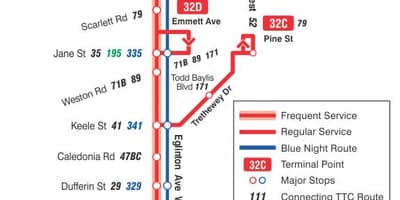 რუკა TTC 32 Eglinton დასავლეთის ავტობუსის მარშრუტი ტორონტოში