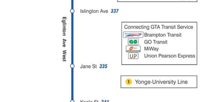 რუკა TTC 332 Eglinton დასავლეთის ავტობუსის მარშრუტი ტორონტოში