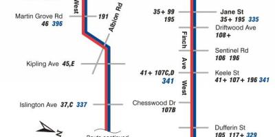 რუკა TTC 36 Finch დასავლეთის ავტობუსის მარშრუტი ტორონტოში