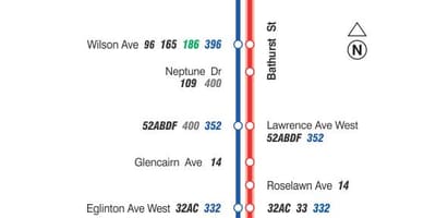 რუკა TTC 7 Bathurst ავტობუსის მარშრუტი ტორონტოში