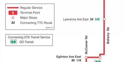 რუკა TTC 9 Bellamy ავტობუსის მარშრუტი ტორონტოში